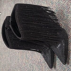 NWOT INC International Concepts Black Rhinestone Fringed SAHOJ Pointed  Bootie